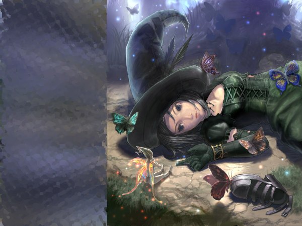 Anime picture 1200x900 with original tagme (artist) short hair blue eyes black hair sitting lying green hair pointy ears back face to face lacing fairy girl gloves plant (plants) wings tree (trees) elbow gloves shoes