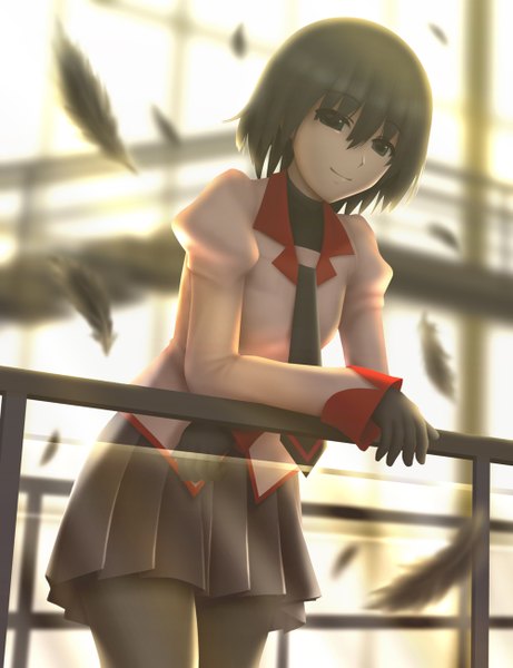 Anime picture 1000x1300 with owarimonogatari shaft (studio) monogatari (series) oshino ougi siraha single tall image looking at viewer short hair smile pleated skirt grey eyes depth of field 3d girl skirt gloves uniform school uniform miniskirt