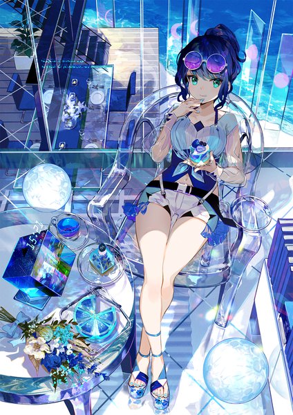 Anime picture 1273x1800 with original fuzichoco single tall image looking at viewer blush fringe short hair smile sitting holding green eyes payot blue hair full body ponytail indoors nail polish from above bare legs