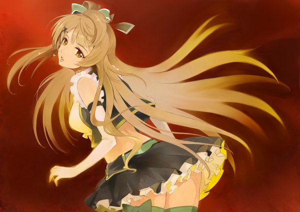 Anime picture 1131x800 with love live! school idol project sunrise (studio) love live! minami kotori miyo (13th floor) single long hair looking at viewer light erotic simple background brown hair brown eyes looking back midriff red background girl skirt gloves hair ornament earrings