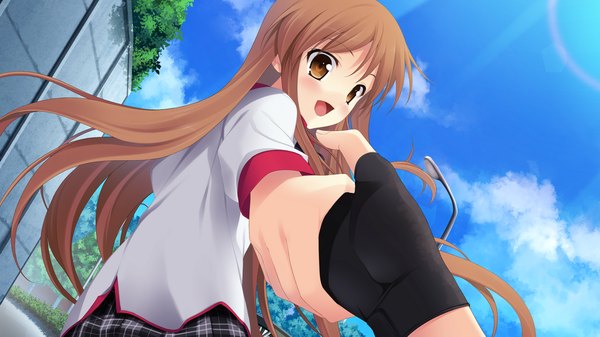 Anime picture 1280x720 with chuning lover hyoudou jun koso long hair blush open mouth brown hair wide image brown eyes game cg holding hands girl uniform school uniform