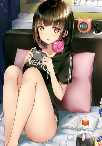 Anime picture 2057x2934 with original minamikaze rema single tall image looking at viewer blush fringe highres short hair open mouth light erotic red eyes sitting holding green eyes bent knee (knees) indoors blunt bangs scan bare legs
