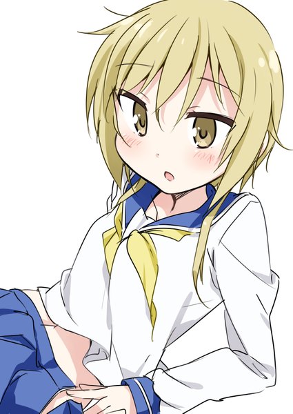 Anime picture 2507x3541 with yuyushiki ichii yui mousou (mousou temporary) single long hair tall image blush highres open mouth simple background blonde hair white background yellow eyes looking away open clothes reclining open skirt girl uniform serafuku