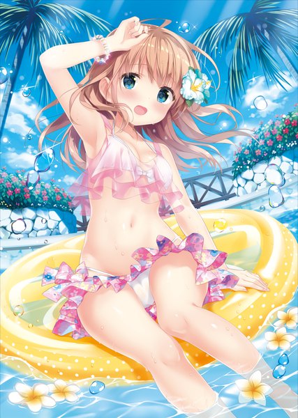 Anime picture 712x1000 with original momoi saki kimishima ao single long hair tall image looking at viewer blush fringe breasts open mouth blue eyes light erotic blonde hair sitting bare shoulders sky cloud (clouds) ahoge bent knee (knees)