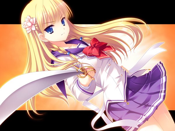 Anime picture 1600x1200 with nanairo kouro rachel windsor rakko long hair blue eyes blonde hair game cg hair flower girl hair ornament sword serafuku