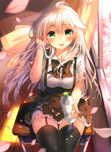 Anime picture 2548x3497 with original anceril sacred mishima kurone single long hair tall image looking at viewer blush highres green eyes white hair indoors wind scan zettai ryouiki adjusting hair :p girl thighhighs dress