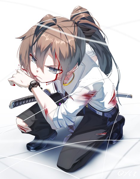 Anime picture 1214x1550 with original qian ye (qys3) qys3 single long hair tall image fringe simple background hair between eyes brown hair white background payot looking away full body ahoge ponytail grey eyes kneeling torn clothes facial mark