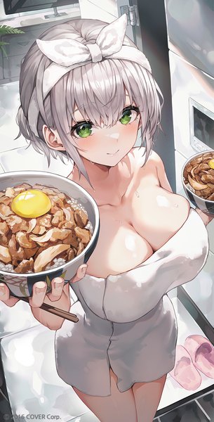 Anime picture 763x1500 with virtual youtuber hololive shirogane noel myung yi single tall image looking at viewer blush fringe short hair breasts light erotic smile hair between eyes large breasts standing sitting holding green eyes silver hair