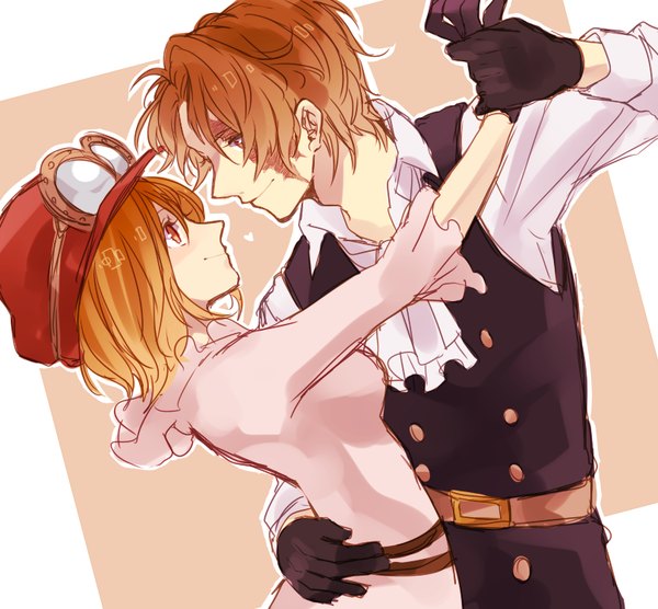 Anime picture 808x750 with one piece toei animation sabo (one piece) koala (one piece) mako1124 short hair smile profile orange hair orange eyes couple scar face to face eye contact dancing girl boy gloves hat black gloves