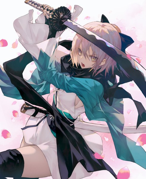 Anime picture 981x1200 with fate (series) fate/grand order koha-ace okita souji (fate) (all) okita souji (koha-ace) wanke single tall image looking at viewer fringe short hair breasts open mouth blonde hair simple background hair between eyes holding yellow eyes traditional clothes japanese clothes