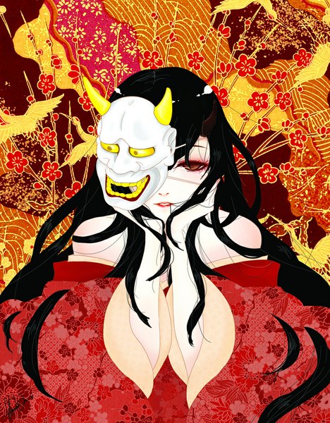 Anime picture 800x1024 with original alexandra96 alexandra (artist) single long hair tall image looking at viewer fringe black hair bare shoulders holding brown eyes upper body traditional clothes japanese clothes lips lipstick mouth hold floral print pale skin