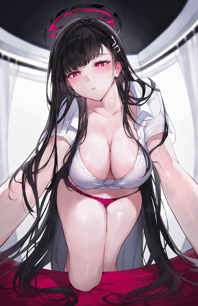 Anime picture 3235x5000 with blue archive rio (blue archive) qiandaiyiyu single tall image looking at viewer blush fringe highres breasts light erotic black hair red eyes large breasts standing absurdres bent knee (knees) indoors blunt bangs very long hair
