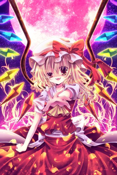 Anime picture 1000x1489 with touhou flandre scarlet momomiya mion single tall image short hair open mouth blonde hair red eyes red moon girl dress skirt bow petals wings bonnet skirt set crystal