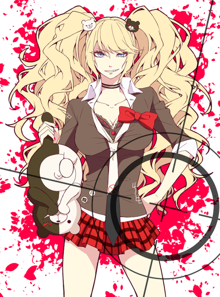Anime picture 593x800 with dangan ronpa enoshima junko monokuma fuka (hk nemo) hukahire0313 single long hair tall image looking at viewer fringe breasts blue eyes blonde hair smile large breasts standing white background twintails holding cleavage