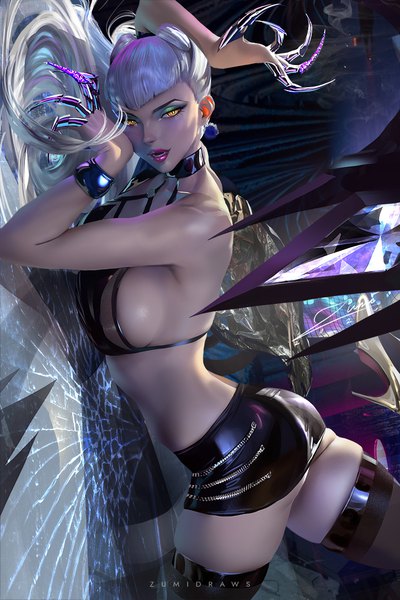 Anime picture 720x1080 with league of legends k/da (league of legends) evelynn (league of legends) the baddest evelynn zumi (zumidraws) single long hair tall image looking at viewer blush fringe breasts open mouth light erotic large breasts bare shoulders signed yellow eyes silver hair ass