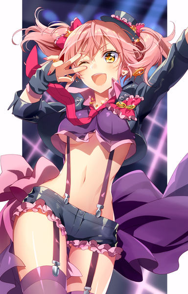 Anime picture 1000x1561 with idolmaster idolmaster cinderella girls jougasaki mika murakami yuichi single tall image blush fringe short hair breasts open mouth light erotic smile standing twintails yellow eyes pink hair nail polish one eye closed no bra