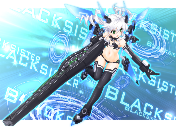 Anime picture 1700x1240 with choujigen game neptune hyperdimension neptunia mk2 black sister mizunashi (second run) single long hair fringe open mouth light erotic twintails green eyes bent knee (knees) white hair bare belly midriff drill hair mecha musume girl thighhighs navel