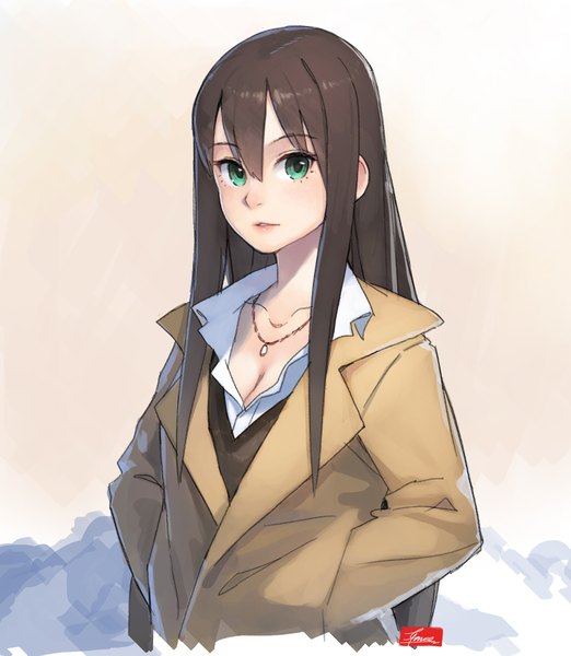 Anime picture 1662x1909 with idolmaster idolmaster cinderella girls shibuya rin efmoe single long hair tall image looking at viewer brown hair green eyes signed cleavage parted lips partially open clothes hands in pockets girl shirt white shirt pendant