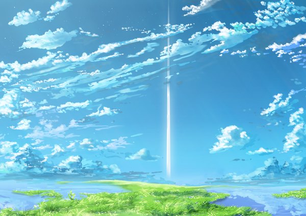Anime picture 1000x707 with original amazu sky cloud (clouds) reflection no people landscape scenic plant (plants) water grass