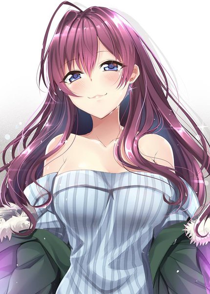 Anime picture 688x960 with idolmaster idolmaster cinderella girls ichinose shiki gu li single long hair tall image looking at viewer blush fringe breasts blue eyes simple background smile hair between eyes purple hair upper body ahoge off shoulder open clothes