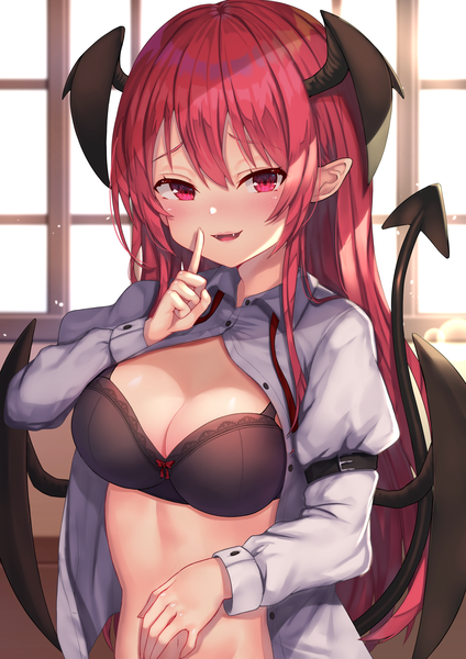 Anime picture 1447x2047 with touhou koakuma wowoguni single long hair tall image looking at viewer blush fringe breasts open mouth light erotic hair between eyes red eyes large breasts cleavage upper body red hair indoors tail