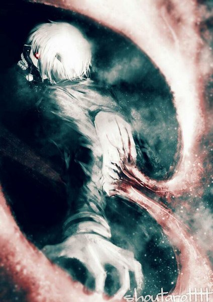 Anime picture 600x849 with tokyo ghoul studio pierrot kaneki ken shoutarotttt single tall image short hair signed white hair profile glowing glowing eye (eyes) black sclera boy mask kagune