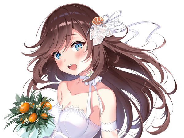 Anime picture 3000x2250 with virtual youtuber philharmonic princesses tsutanoki reiri rei (kinokotype) single long hair looking at viewer blush highres open mouth blue eyes simple background brown hair white background upper body :d girl flower (flowers) fruit bouquet