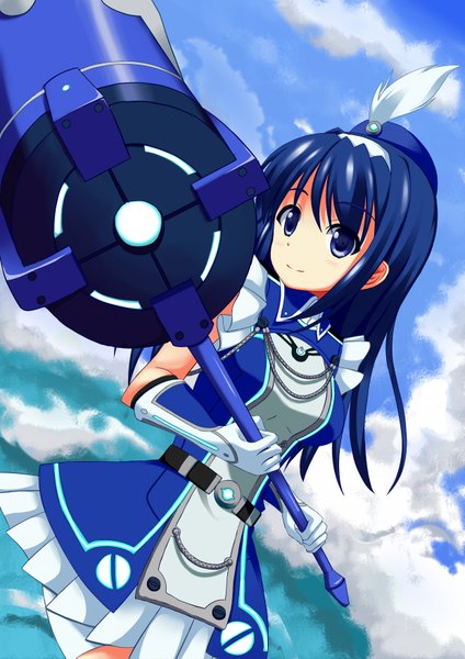 Anime picture 1239x1753 with vividred operation futaba aoi (vividred operation) nama gusa (artist) single long hair tall image blue eyes blue hair cloud (clouds) girl dress gloves weapon hammer