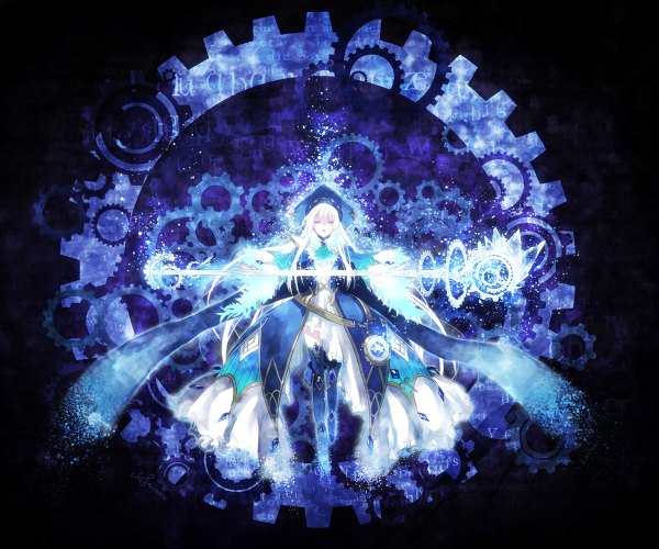 Anime picture 1200x1000 with original pixiv fantasia pixiv fantasia wizard and knight minami seira single long hair white hair eyes closed magic girl dress thigh boots staff gears