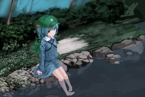 Anime picture 1560x1040 with touhou kawashiro nitori buruxugi single short hair blue eyes sitting blue hair barefoot river girl skirt plant (plants) miniskirt tree (trees) skirt set flat cap key