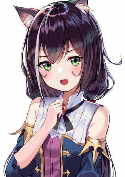 Anime picture 700x988 with princess connect! re:dive princess connect! karyl (princess connect!) aroa (aroamoyasi) single long hair tall image blush open mouth black hair simple background white background green eyes animal ears upper body :d multicolored hair cat ears fang (fangs) streaked hair