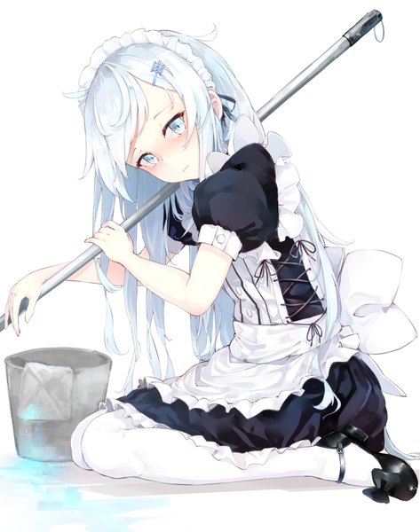Anime picture 900x1140 with kantai collection hibiki destroyer somalisu single long hair tall image looking at viewer blush fringe blue eyes simple background white background sitting blue hair ahoge bent knee (knees) head tilt short sleeves maid leaning