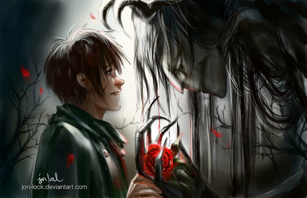 Anime picture 1024x663 with beauty and the beast original disney jon-lock (artist) long hair short hair blue eyes black hair brown hair profile horn (horns) fingernails grey background couple holding hands demon girl long fingernails face to face grey skin boy