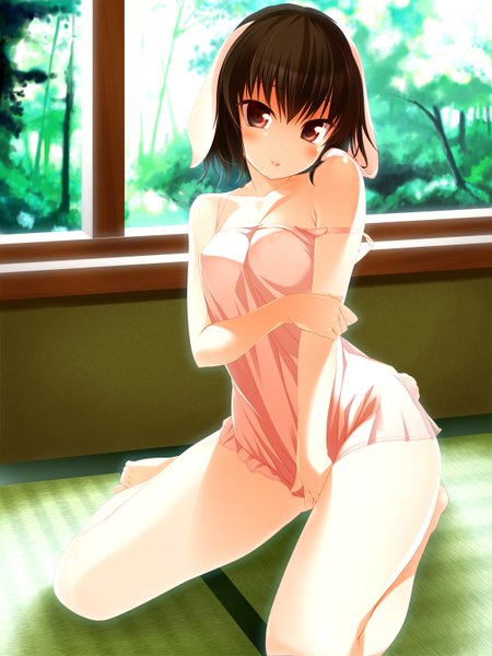Anime picture 1200x1600 with touhou inaba tewi hinohoshi ataru single tall image blush short hair light erotic black hair red eyes cleavage bunny ears bunny girl girl