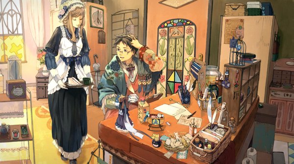 Anime picture 1553x870 with original kaisen long hair wide image maid detailed girl boy glasses hairband feather (feathers) bonnet table bottle tray room doll (dolls) basket cage