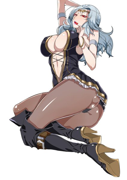 Anime picture 1158x1637 with original otzer single long hair tall image breasts light erotic simple background red eyes large breasts white background blue hair ass girl navel boots tongue