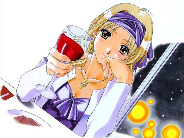 Anime picture 1024x768 with sentimental graffiti endou akira kai tomohisa blush breasts blonde hair brown eyes cleavage headband jewelry necklace wine glass wine