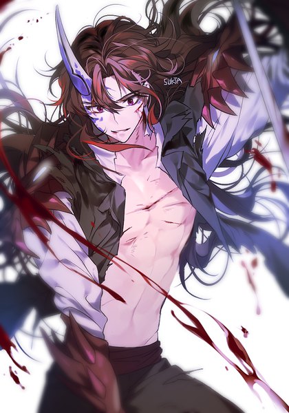 Anime picture 700x1000 with inuyasha takemaru sorolp single long hair tall image fringe hair between eyes red eyes brown hair white background signed horn (horns) torn clothes looking down boy blood