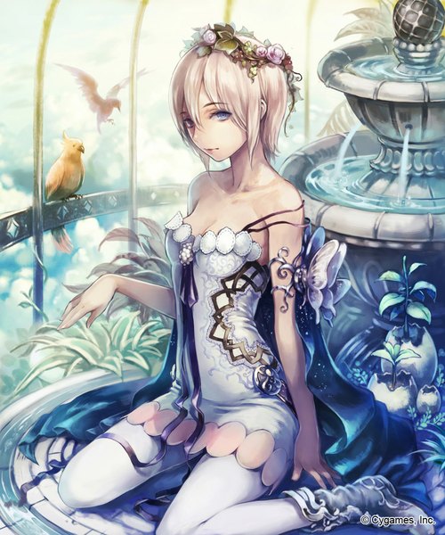 Anime picture 889x1067 with shingeki no bahamut ma yo ko single tall image looking at viewer fringe short hair breasts blue eyes blonde hair bare shoulders cleavage lips sleeveless eyebrows girl dress ribbon (ribbons) plant (plants) animal