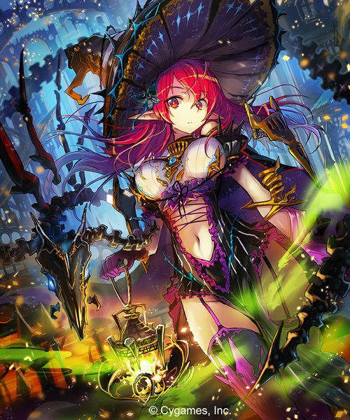 Anime picture 800x960 with shingeki no bahamut original yui (niikyouzou) single long hair tall image fringe light erotic red eyes holding red hair multicolored hair pointy ears light gradient hair glow girl gloves navel hat
