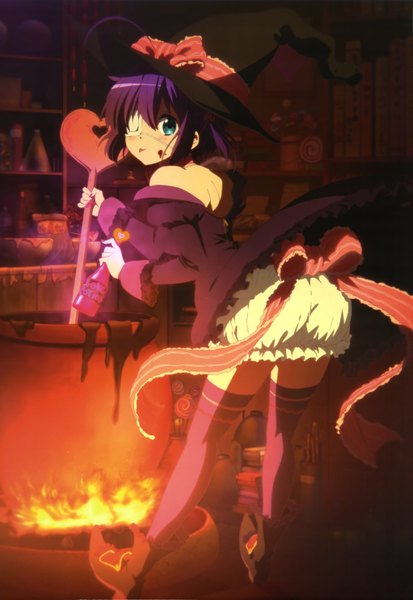 Anime picture 4083x5923 with chuunibyou demo koi ga shitai! kyoto animation nyantype takanashi rikka tall image blush highres short hair blue eyes blue hair absurdres official art witch girl thighhighs dress bow hat frills witch hat