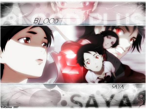 Anime picture 1024x768 with blood+ production i.g otonashi saya short hair black hair red eyes brown eyes multiple persona girl weapon shirt sword bowtie katana blood