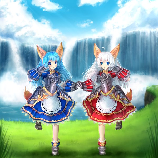 Anime picture 1600x1600 with tera online ximbixill long hair looking at viewer blush open mouth blue eyes multiple girls animal ears blue hair cloud (clouds) white hair animal tail light smile dual persona girl gloves 2 girls water sea