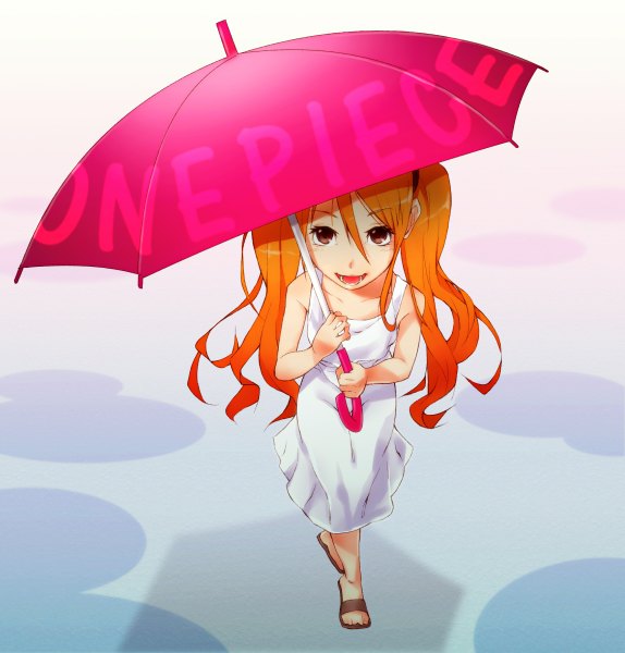 Anime picture 1147x1200 with one piece toei animation nami (one piece) single long hair tall image looking at viewer open mouth brown eyes from above orange hair girl dress umbrella sundress sandals