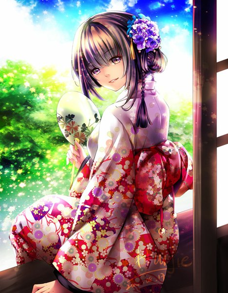 Anime picture 742x950 with original huijie single long hair tall image smile brown hair sitting signed sky cloud (clouds) braid (braids) traditional clothes japanese clothes pink eyes looking back hair flower lips sunlight hair bun (hair buns)