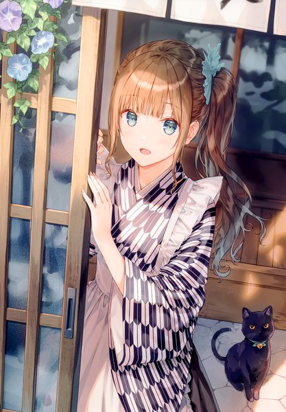 Anime picture 2406x3464 with original hiten (hitenkei) single long hair tall image blush fringe highres open mouth blue eyes smile brown hair standing payot looking away indoors blunt bangs traditional clothes :d japanese clothes