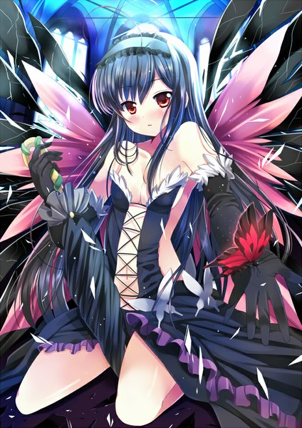 Anime picture 650x920 with accel world sunrise (studio) kuroyukihime xephonia single long hair tall image blush light erotic black hair red eyes bare shoulders kneeling insect wings butterfly wings girl gloves navel wings black gloves