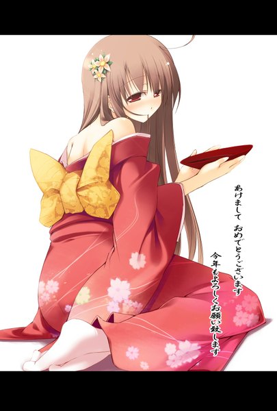 Anime picture 1181x1748 with jirou (chekoro) single long hair tall image red eyes brown hair holding traditional clothes japanese clothes hair flower inscription mouth hold drunk girl hair ornament flower (flowers) kimono alcohol sake sakazuki