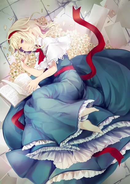 Anime picture 826x1169 with touhou alice margatroid rimu (kingyo origin) single tall image short hair blonde hair purple eyes looking away lying barefoot from above frilled dress sad crack girl dress flower (flowers) ribbon (ribbons) petals