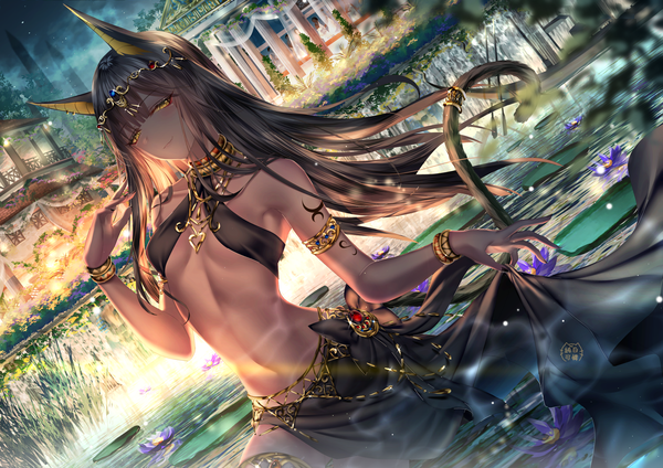 Anime picture 4093x2894 with original junpaku karen single long hair looking at viewer blush fringe highres breasts light erotic hair between eyes brown hair bare shoulders animal ears yellow eyes absurdres outdoors tail nail polish traditional clothes